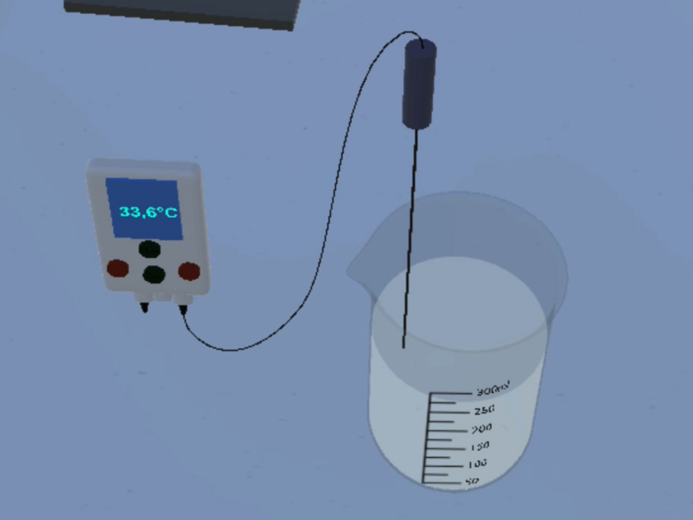 A thermometer inside a beaker filled with some solution shows a temperature of 30°C in the VirtuChemLab.