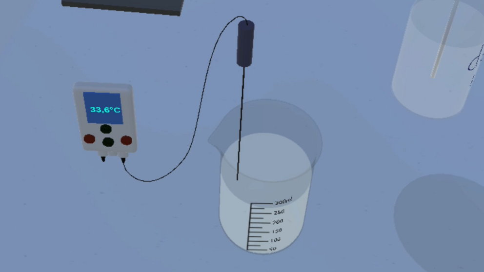 A thermometer inside a beaker filled with some solution shows a temperature of 30°C in the VirtuChemLab.