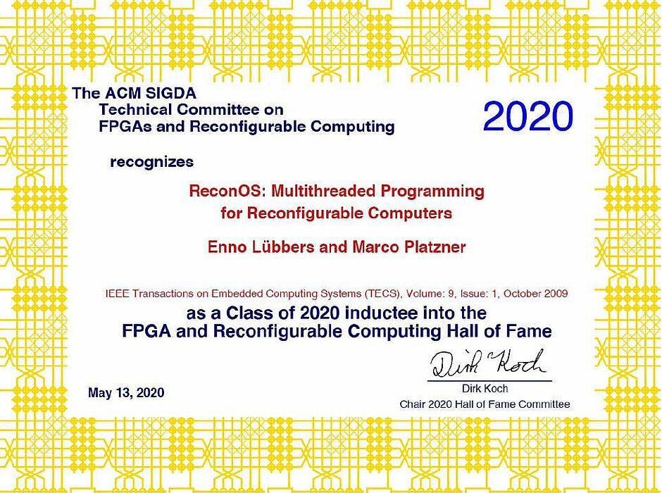Diese Urkunde erhielten Prof. Dr. Marco Platzner und Dr. Enno Lübbers zu Ihrer Aufnahme in die "Hall of Fame".
