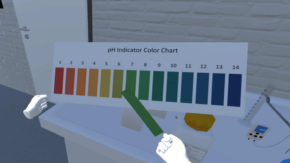 The student checks indicator paper against a pH color chart in the VirtuChemLab.