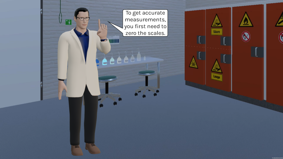 The virtual tutor tells the student that they need to zero the scale to get accurate measurements.