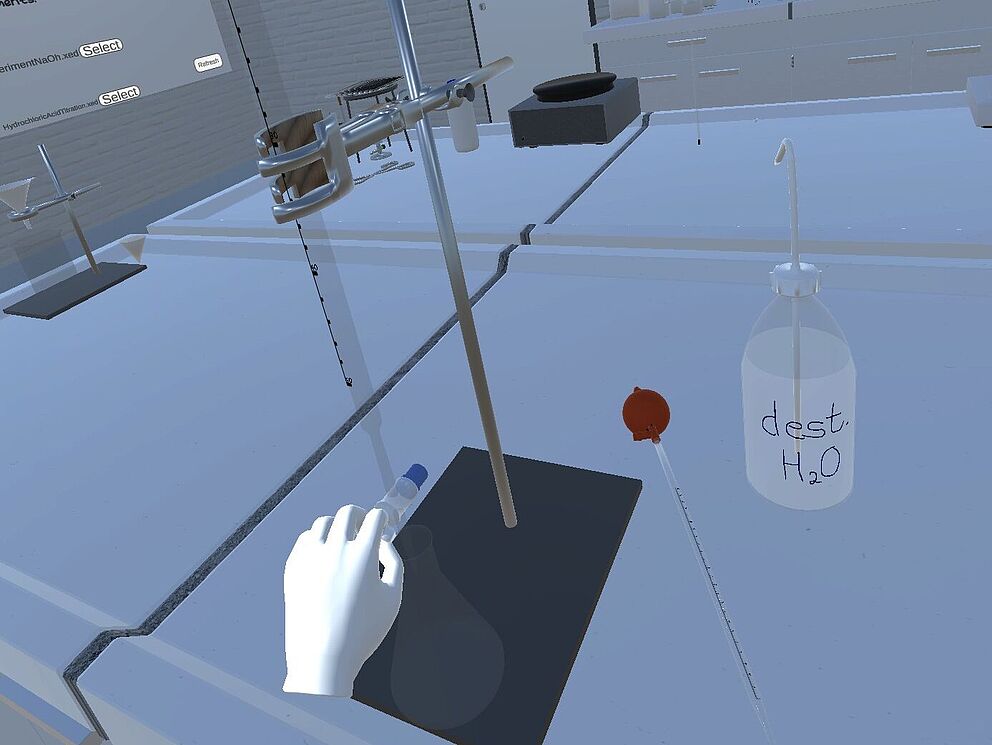 A student does titration in the VirtuChemLab.