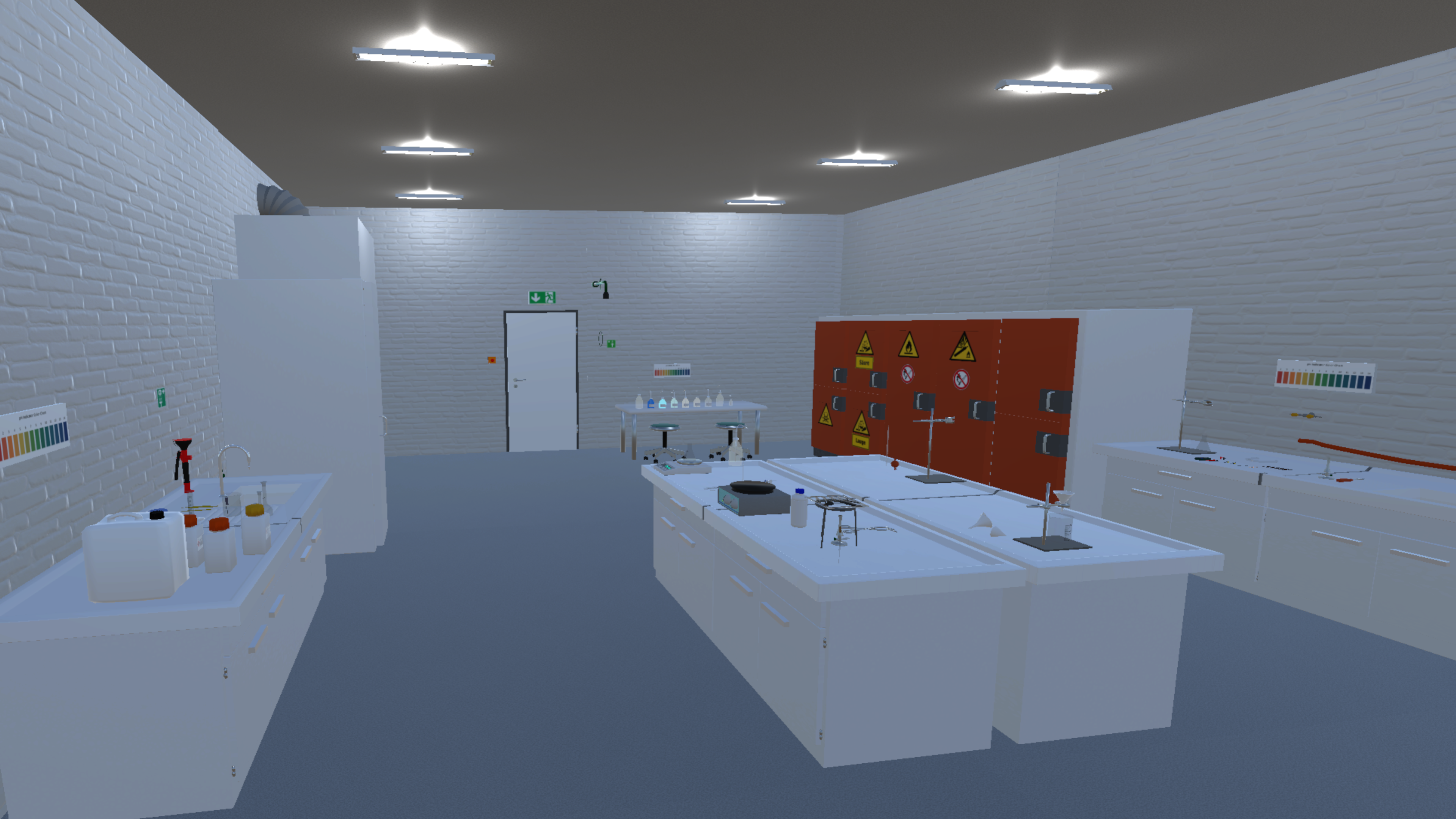 A screenshot from the VirtuChemLab virtual chemistry laboratory. One can see multiple tables with chemistry equipment lined up.