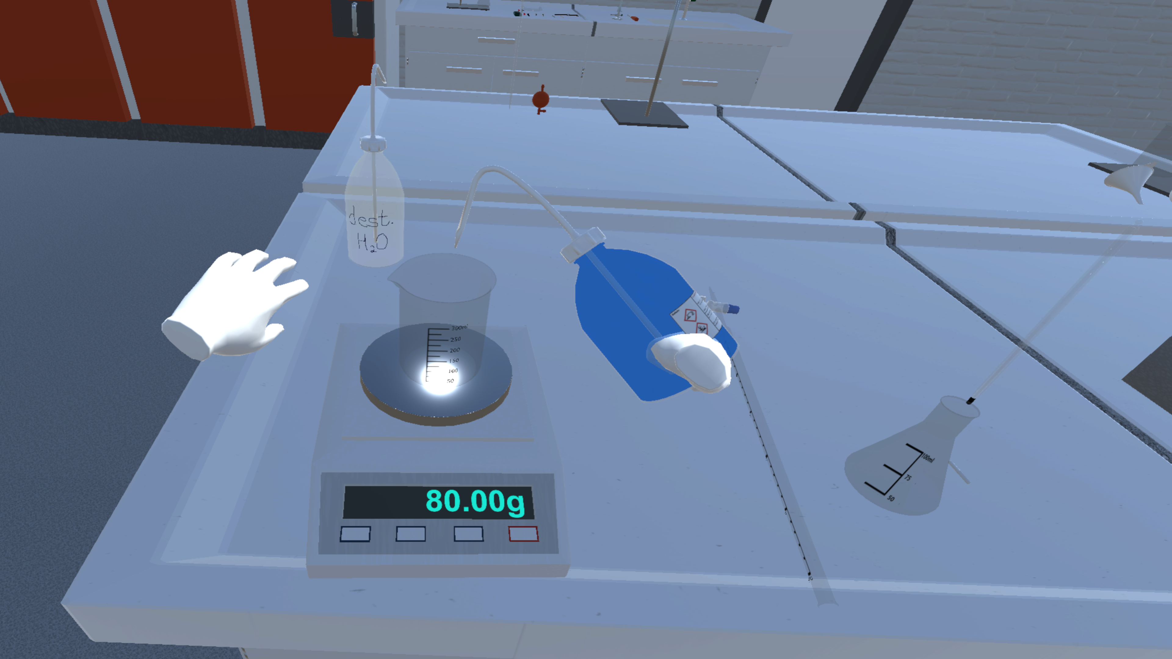 Inside of the virtual chemistry laboratory, a students weighs a quantity of some liquid in a beaker standing on a scale.