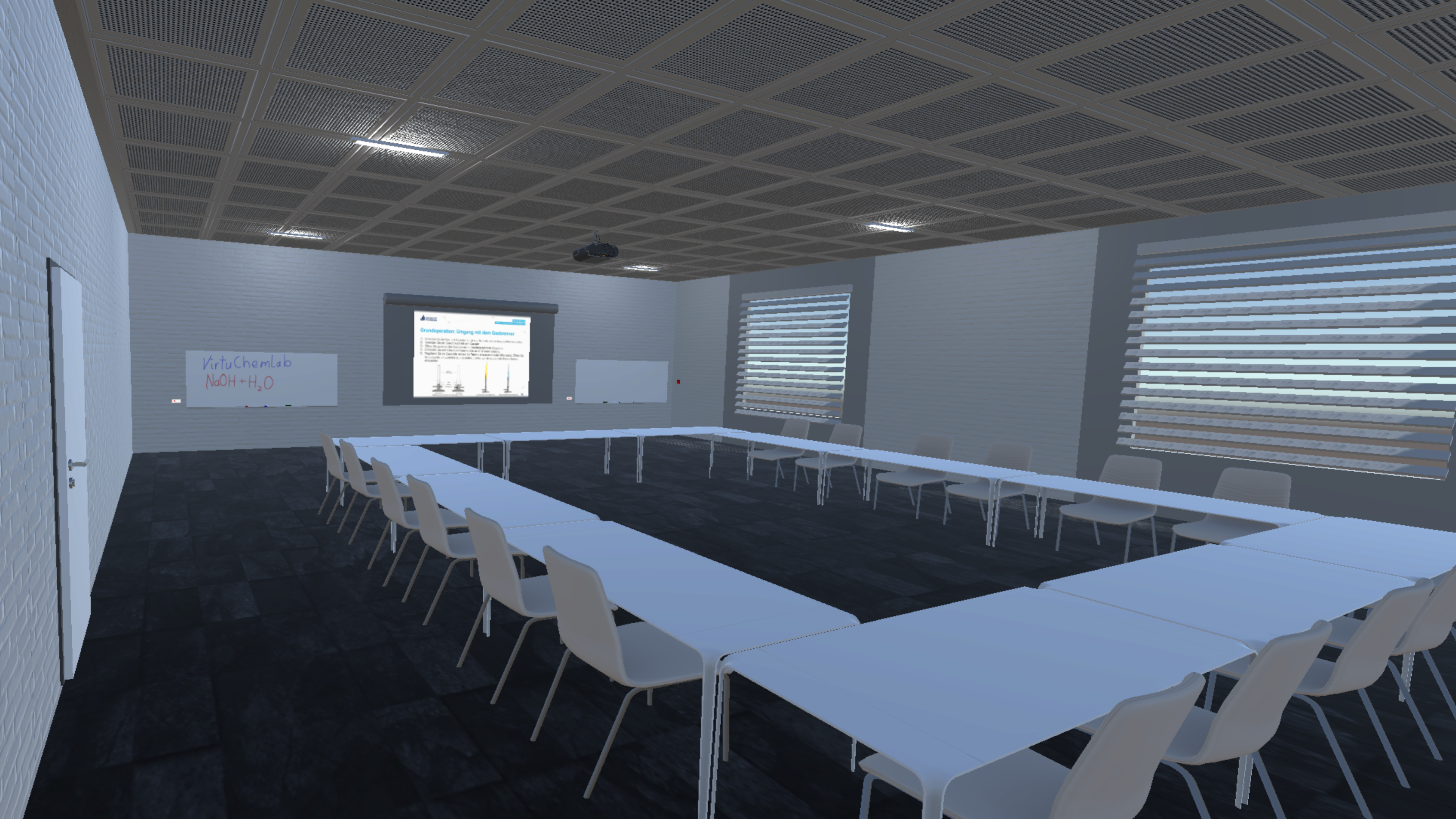 A screenshot showing the virtual seminar room. It is composed of a circle of tables with to white boards and a projector in the back.