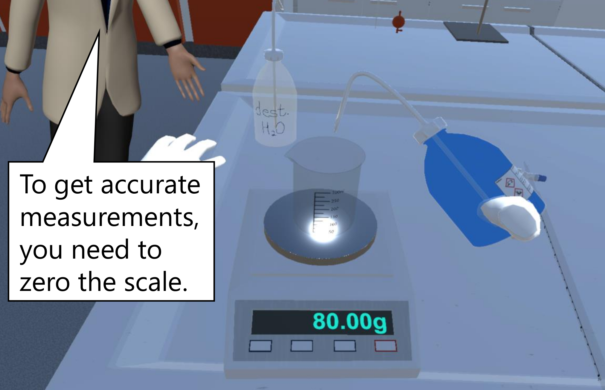 A mock-up of the tutor intervening the actions of a student. The tutor tells the student who is trying to weigh a chemical that they need to zero the scale beforehand.